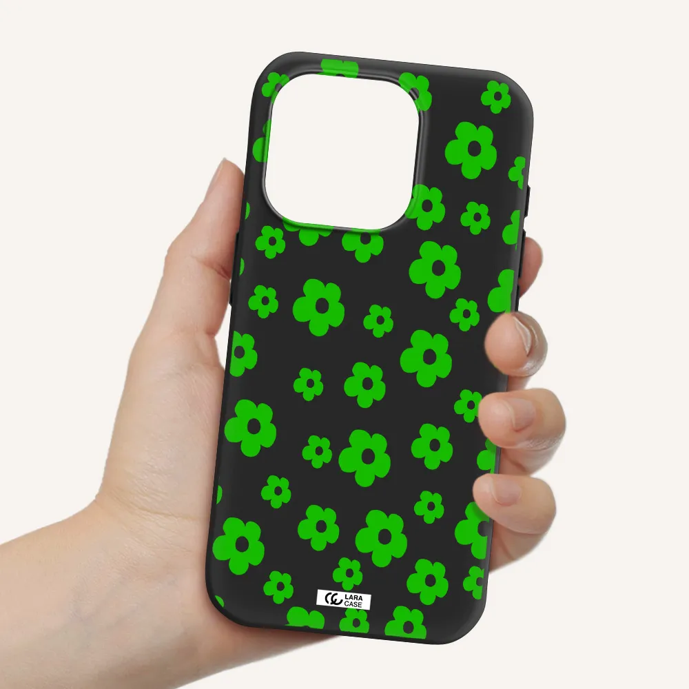 Five Petal Green Flower Apple Iphone 15 Pro Silicone Black Case