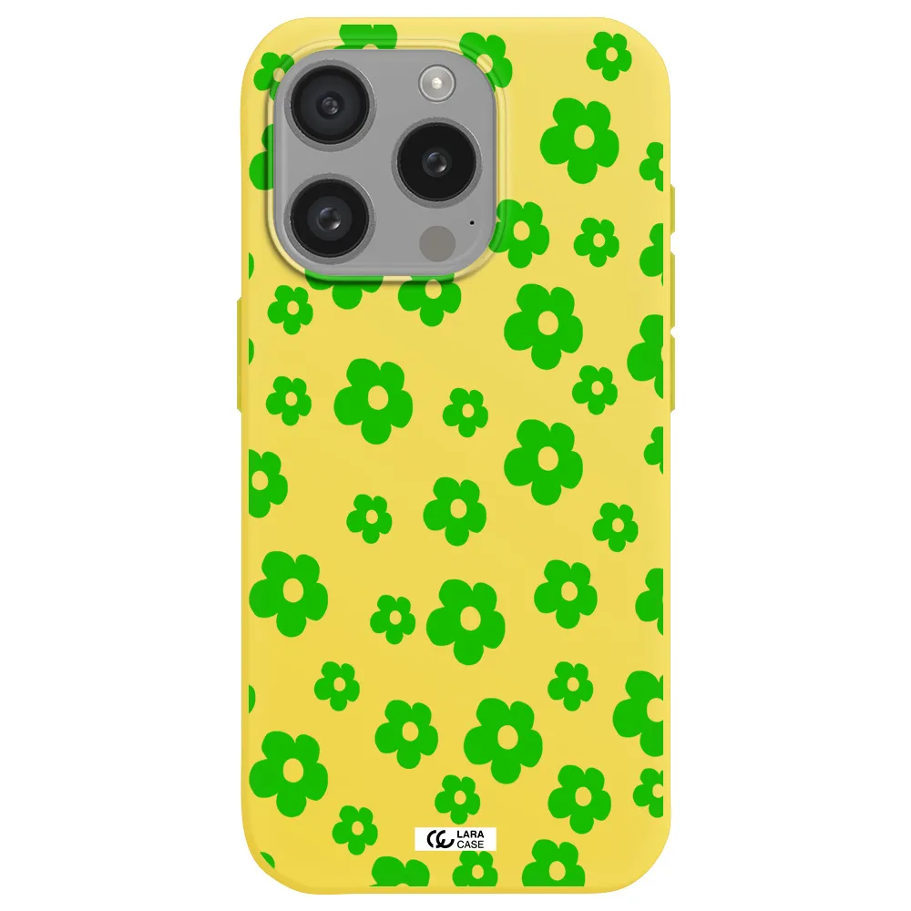 Five Petal Green Flower Apple Iphone 15 Pro Silicone Canary Yellow Case