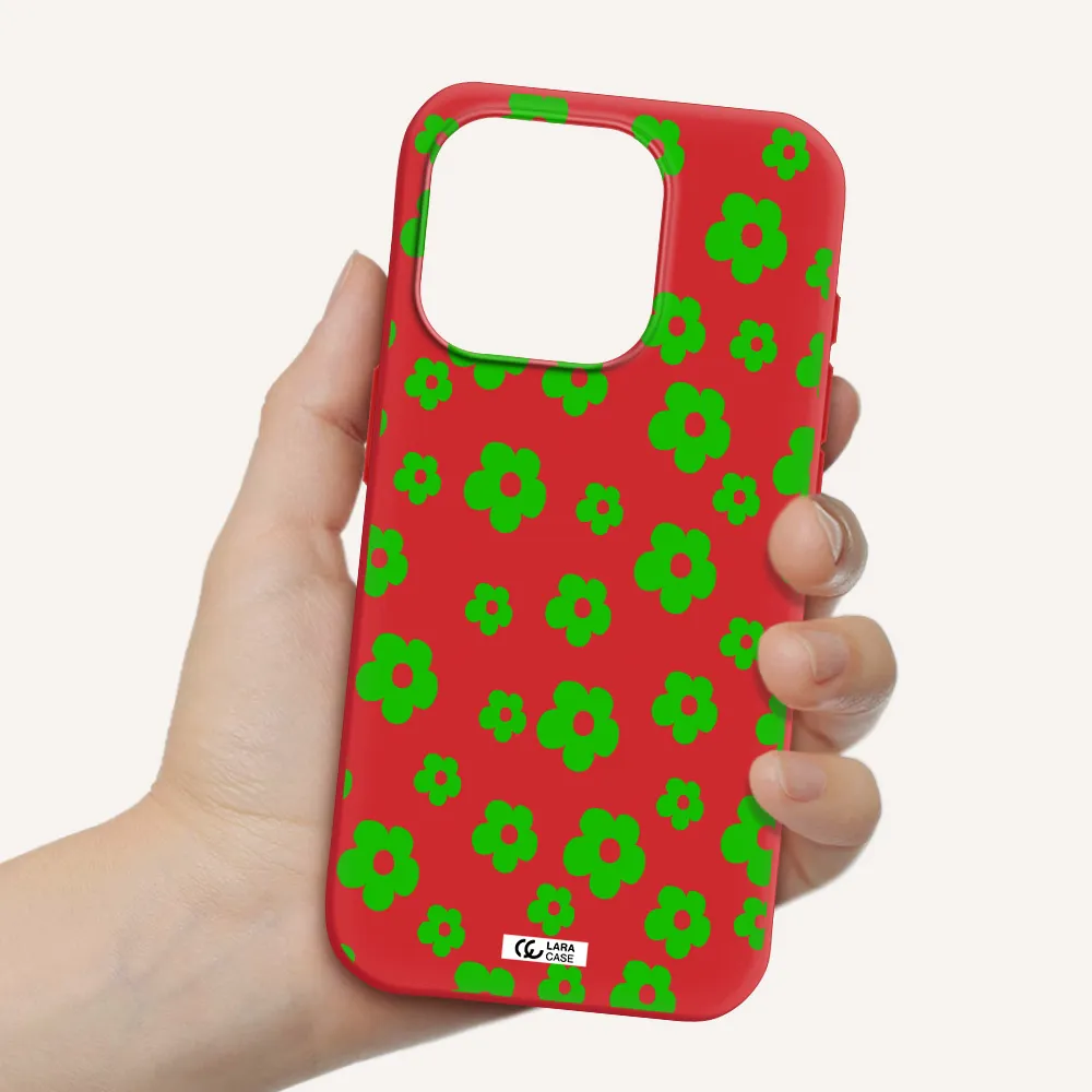 Five Petal Green Flower Apple Iphone 15 Pro Silicone Imperial Red Case