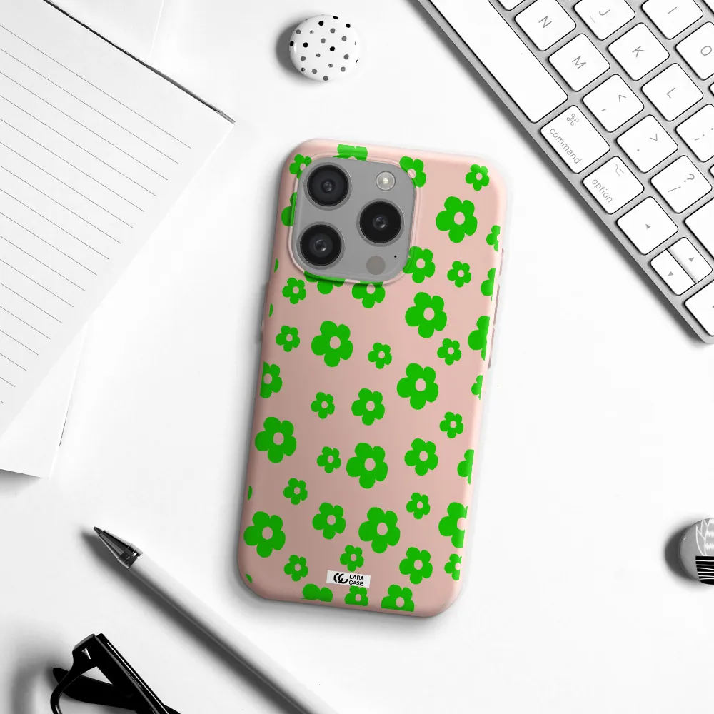 Five Petal Green Flower Apple Iphone 15 Pro Silicone Pastel Pink Case