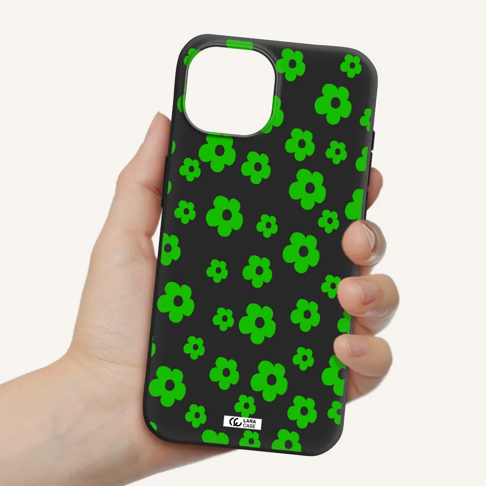 Five Petal Green Flower Apple iPhone 15 Silicone black Case