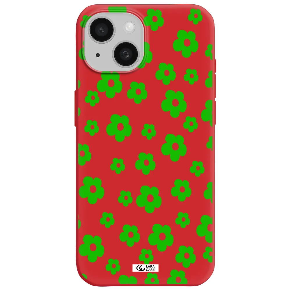 Five Petal Green Flower Apple Iphone 15 Silicone Imperial Red Case