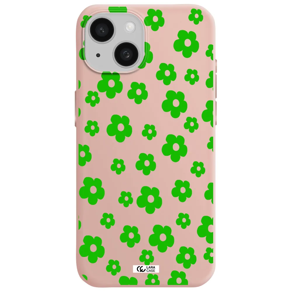 Five Petal Green Flower Apple Iphone 15 Silicone Pastel Pink Case