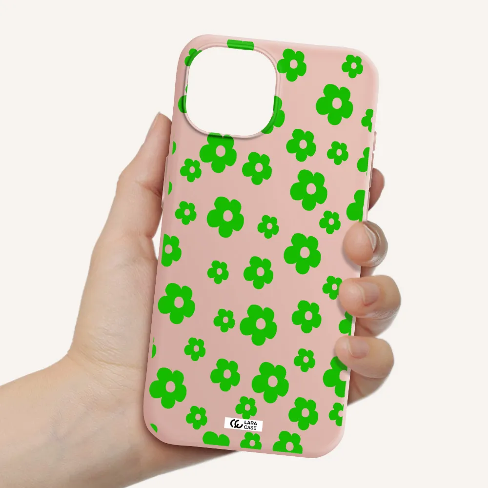 Five Petal Green Flower Apple Iphone 15 Silicone Pastel Pink Case