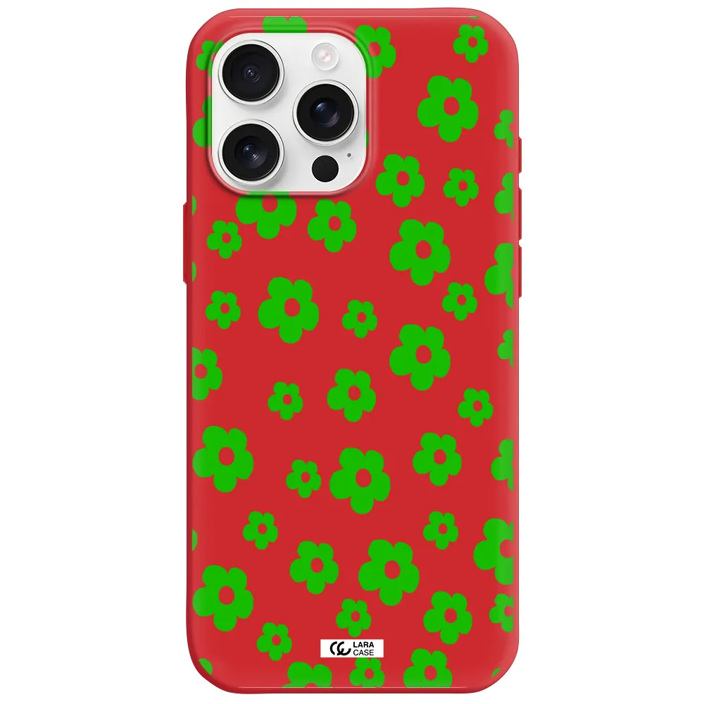 Five Petal Green Flower Apple Iphone 16 Pro Max Silicone Imperial Red Case