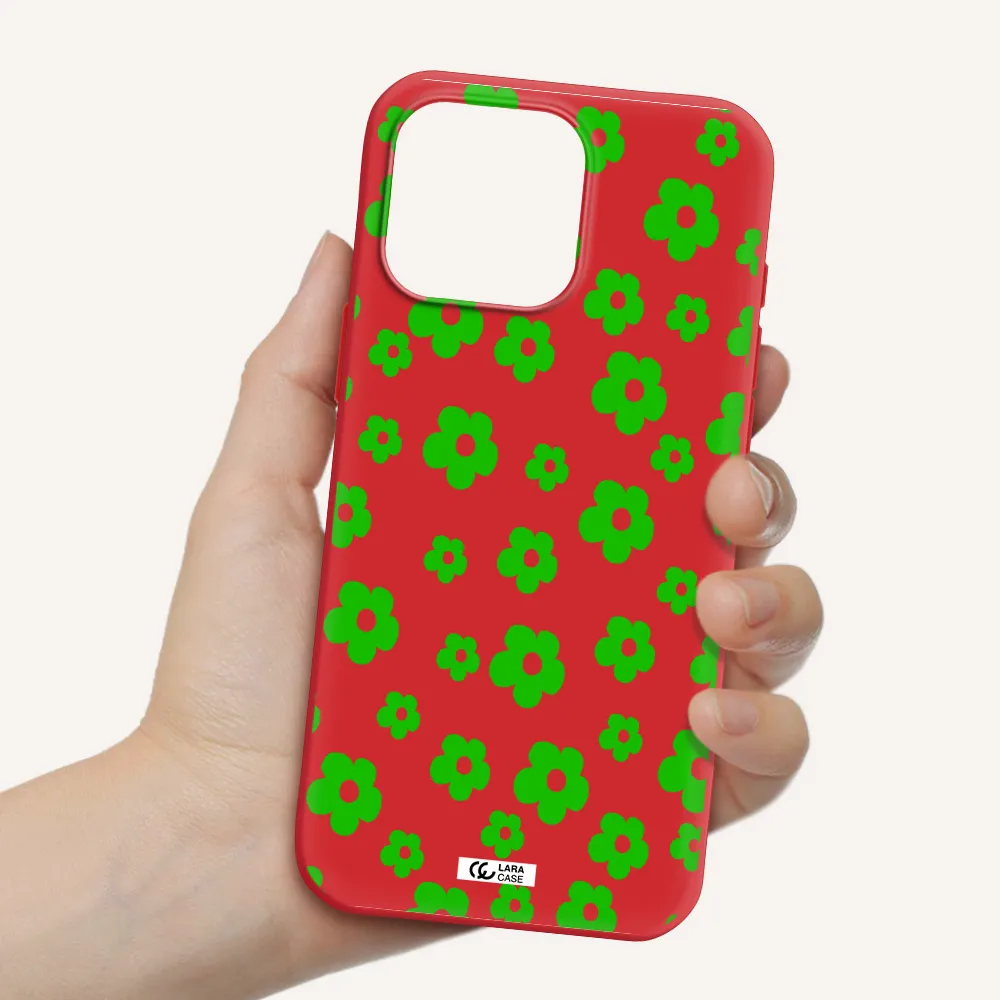 Five Petal Green Flower Apple Iphone 16 Pro Max Silicone Imperial Red Case