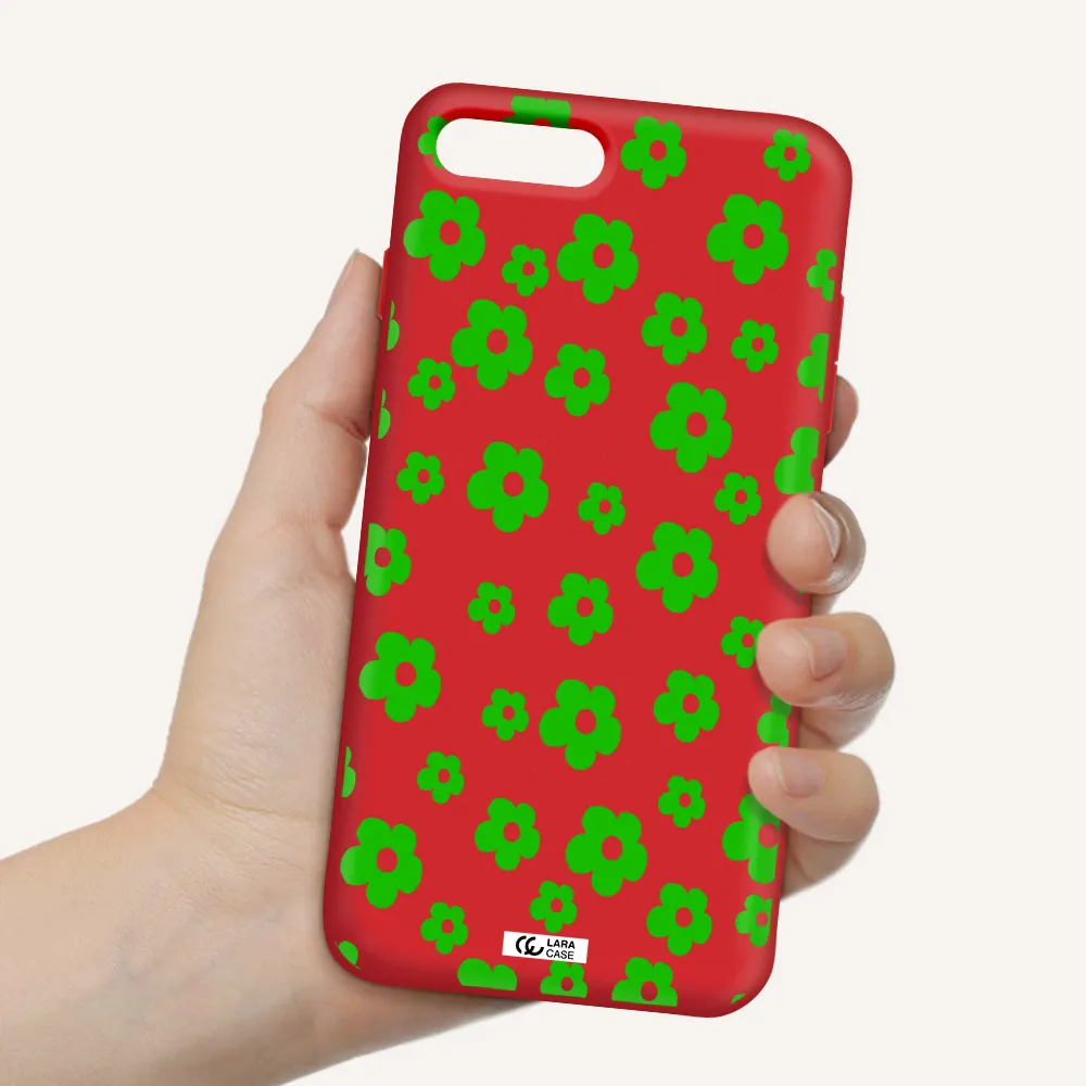 Five Petal Green Flower Apple iPhone 8 plus Silicone Imperial Red Case