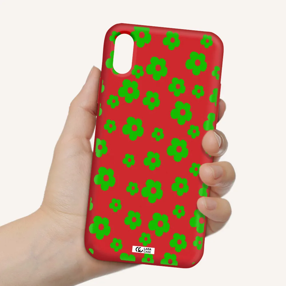 Five Petal Green Flower Apple iPhone X Silicone Imperial Red Case