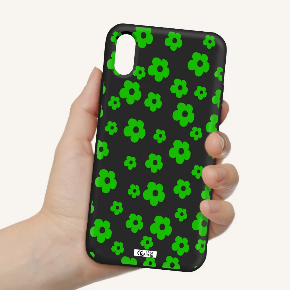 Five Petal Green Flower Apple iPhone XS Silicone black Case