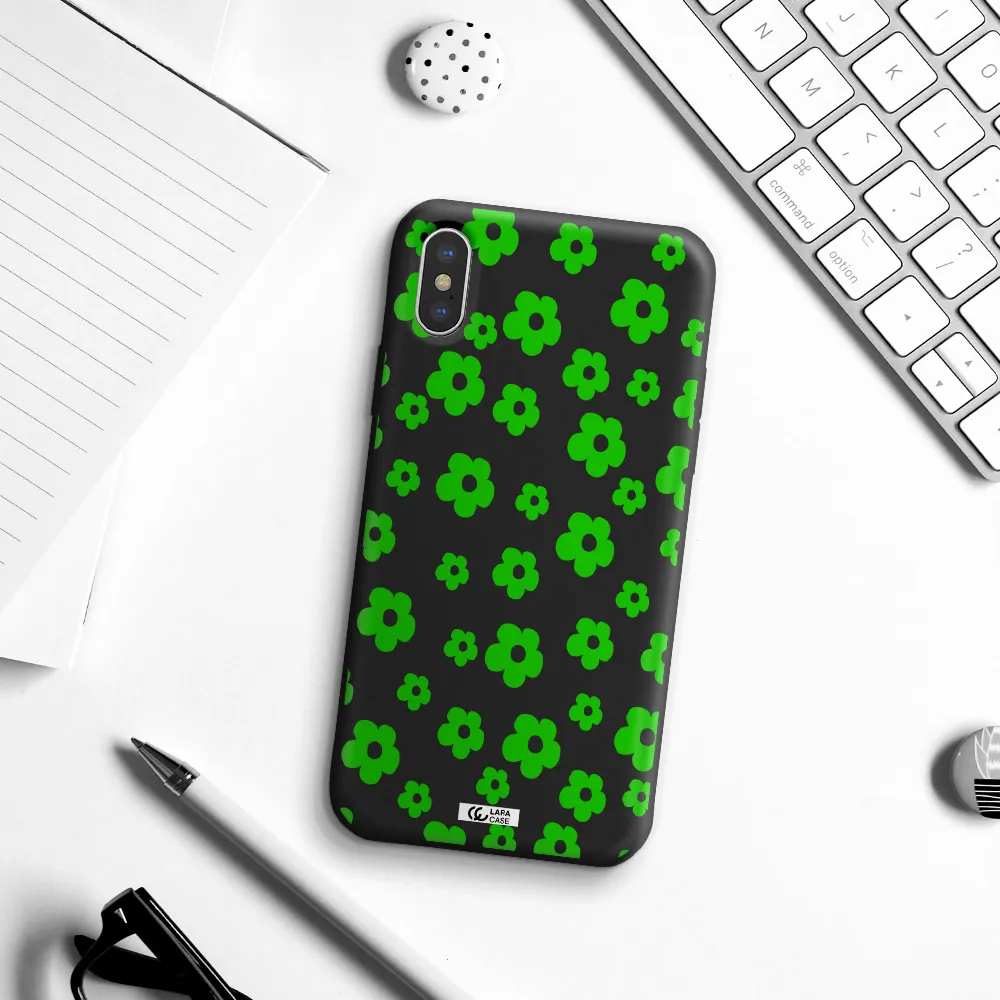 Five Petal Green Flower Apple iPhone XS Silicone black Case
