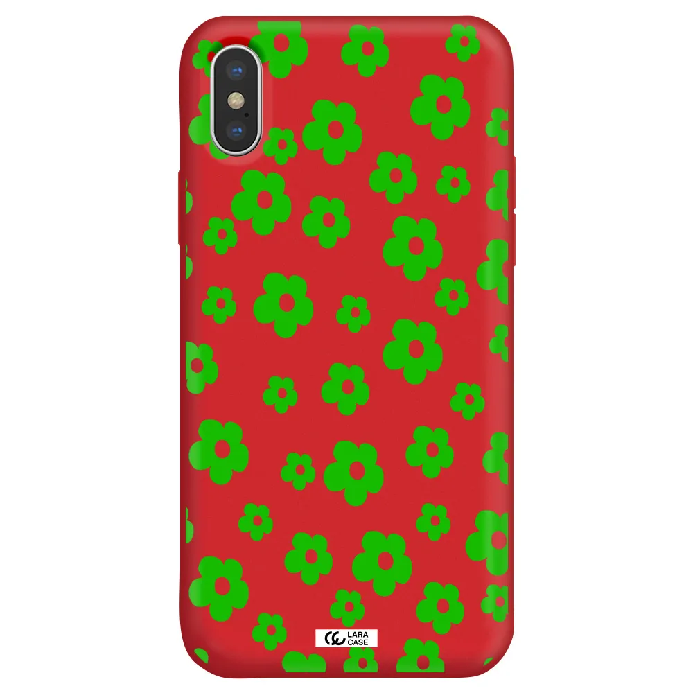 Five Petal Green Flower Apple iPhone XS Silicone Imperial Red Case