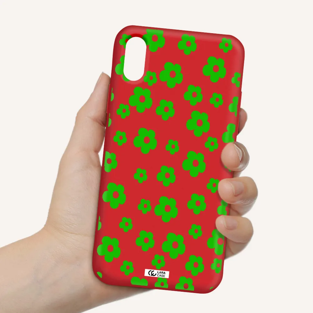 Five Petal Green Flower Apple iPhone XS Silicone Imperial Red Case
