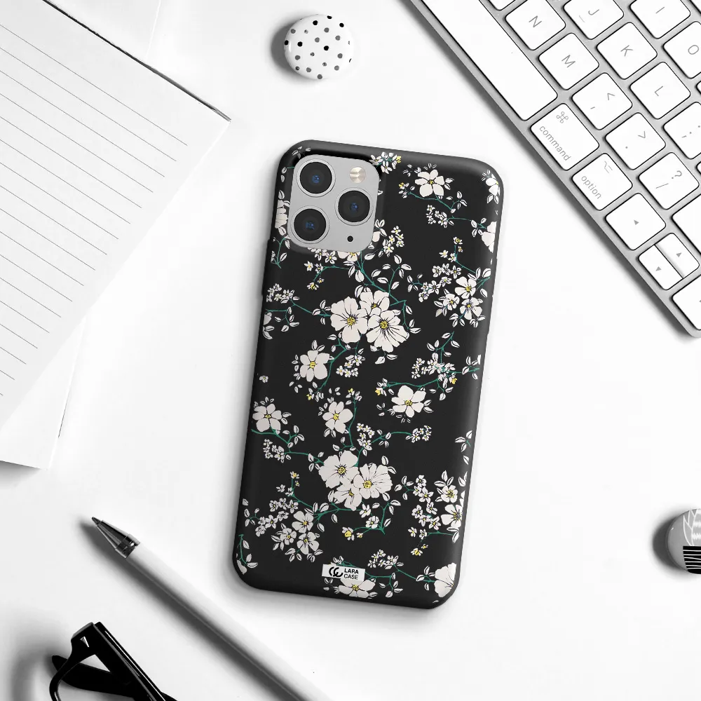 White Flower Apple iPhone 11 pro Silicone black Case