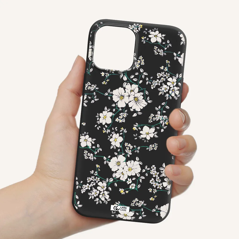 White Flower Apple iPhone 12 pro Silicone black Case