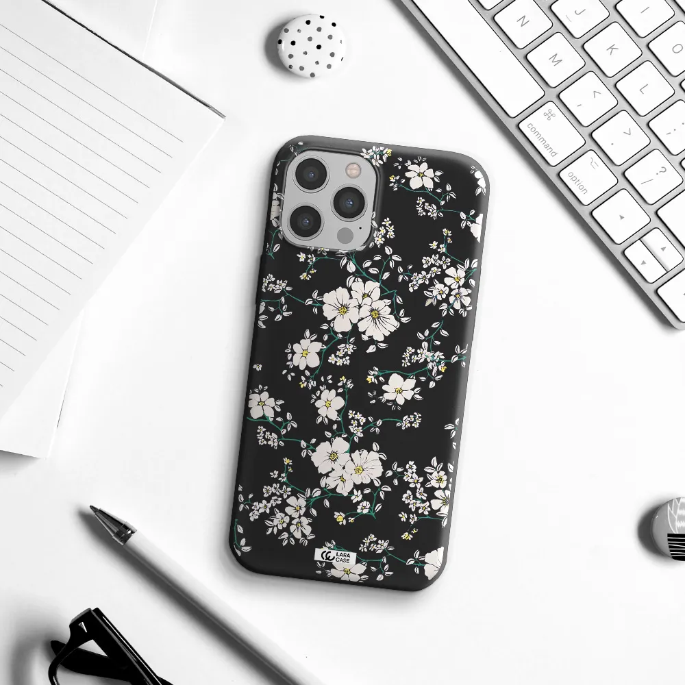 White Flower Apple iPhone 12 pro Silicone black Case