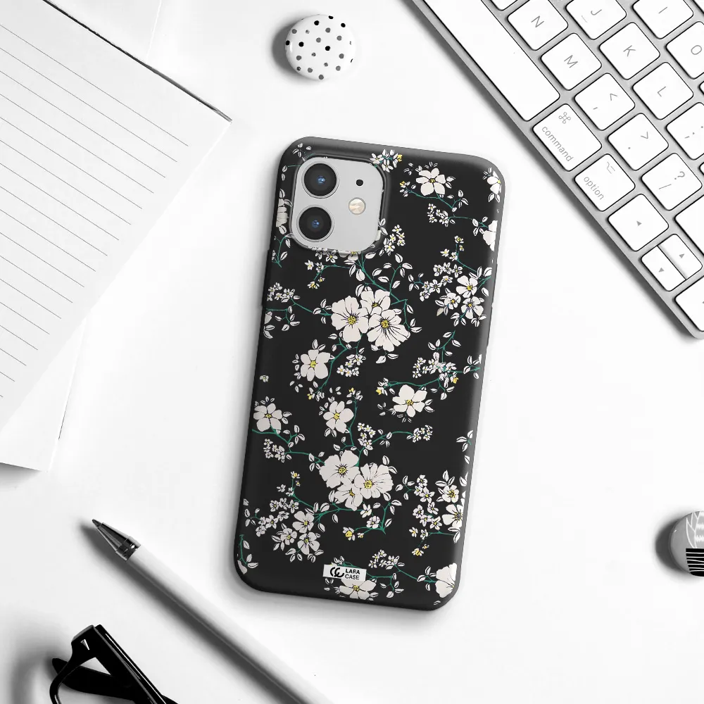 White Flower Apple iPhone 12 Silicone black Case