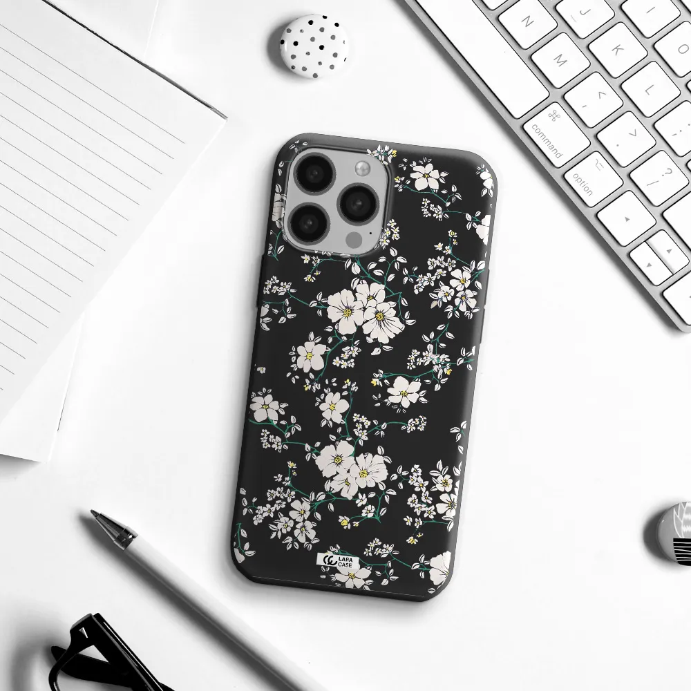 White Flower Apple iPhone 13 Pro Max Silicone black Case