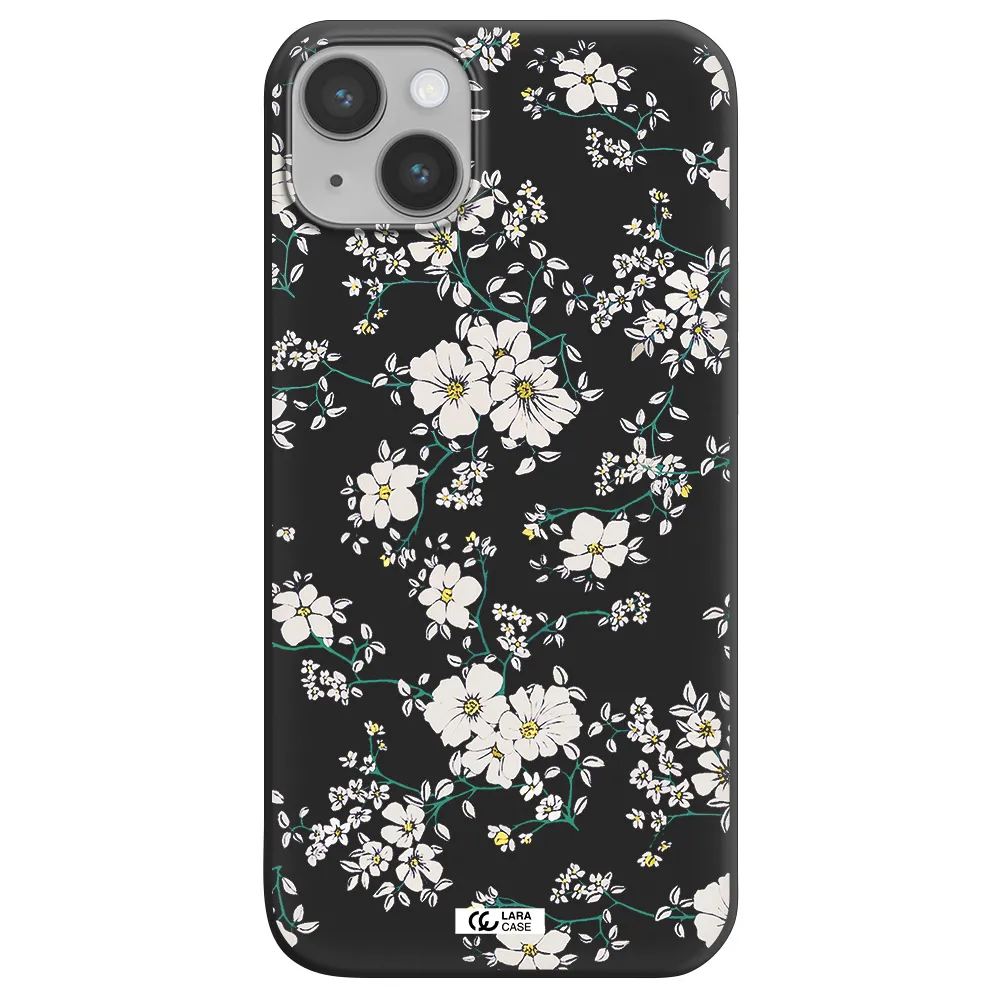 White Flower Apple iPhone 14 plus Silicone black Case