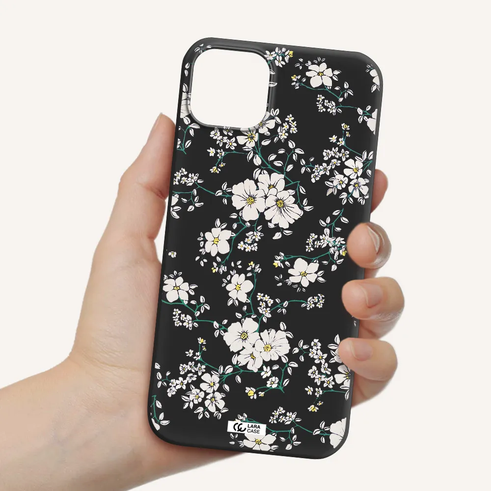 White Flower Apple iPhone 14 plus Silicone black Case