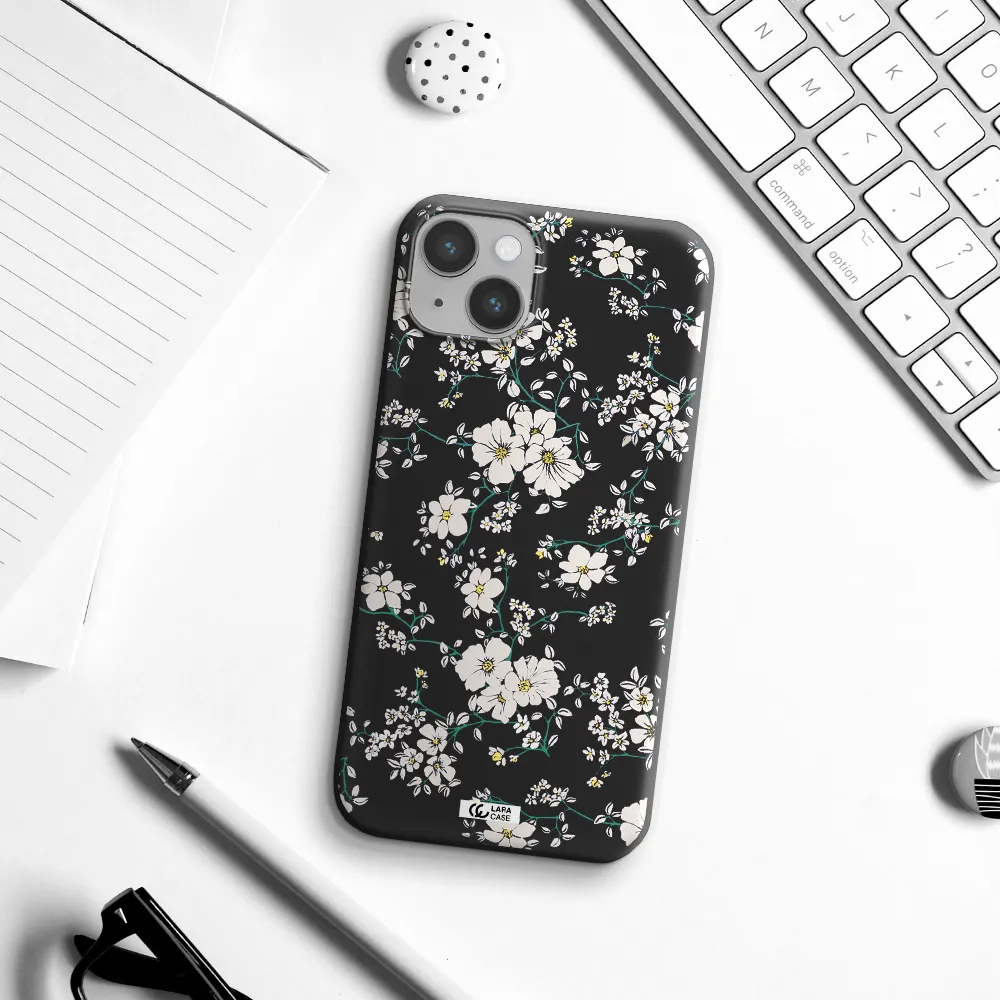 White Flower Apple iPhone 14 plus Silicone black Case