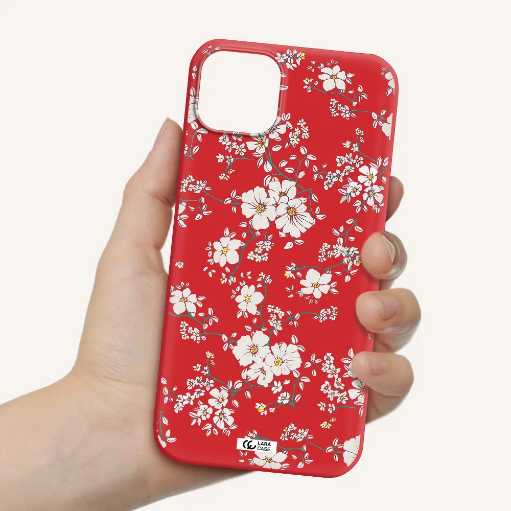White Flower Apple iPhone 14 plus Silicone Imperial Red Case