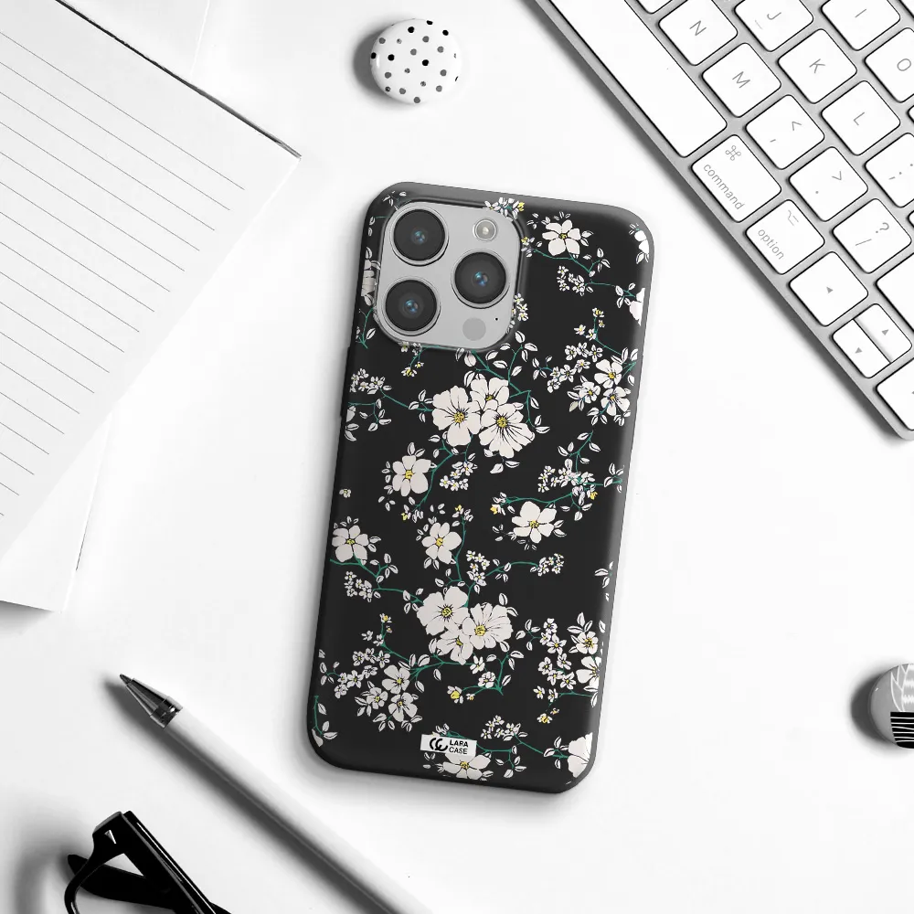 White Flower Apple iPhone 14 pro Silicone black Case