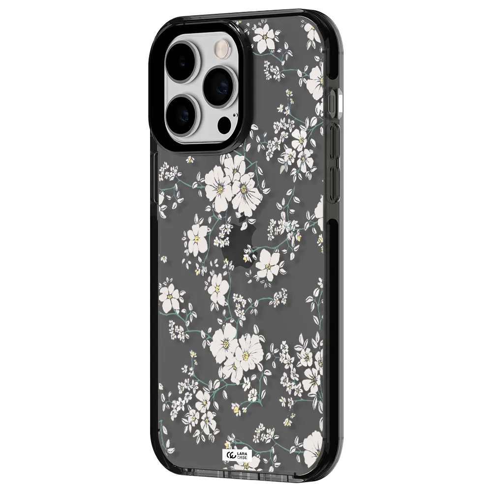 White Flower Apple iPhone 15 Pro impact Smoke Black Case