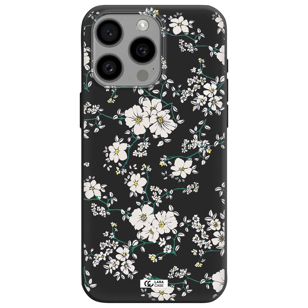 White Flower Apple Iphone 15 Pro max Silicone black Case