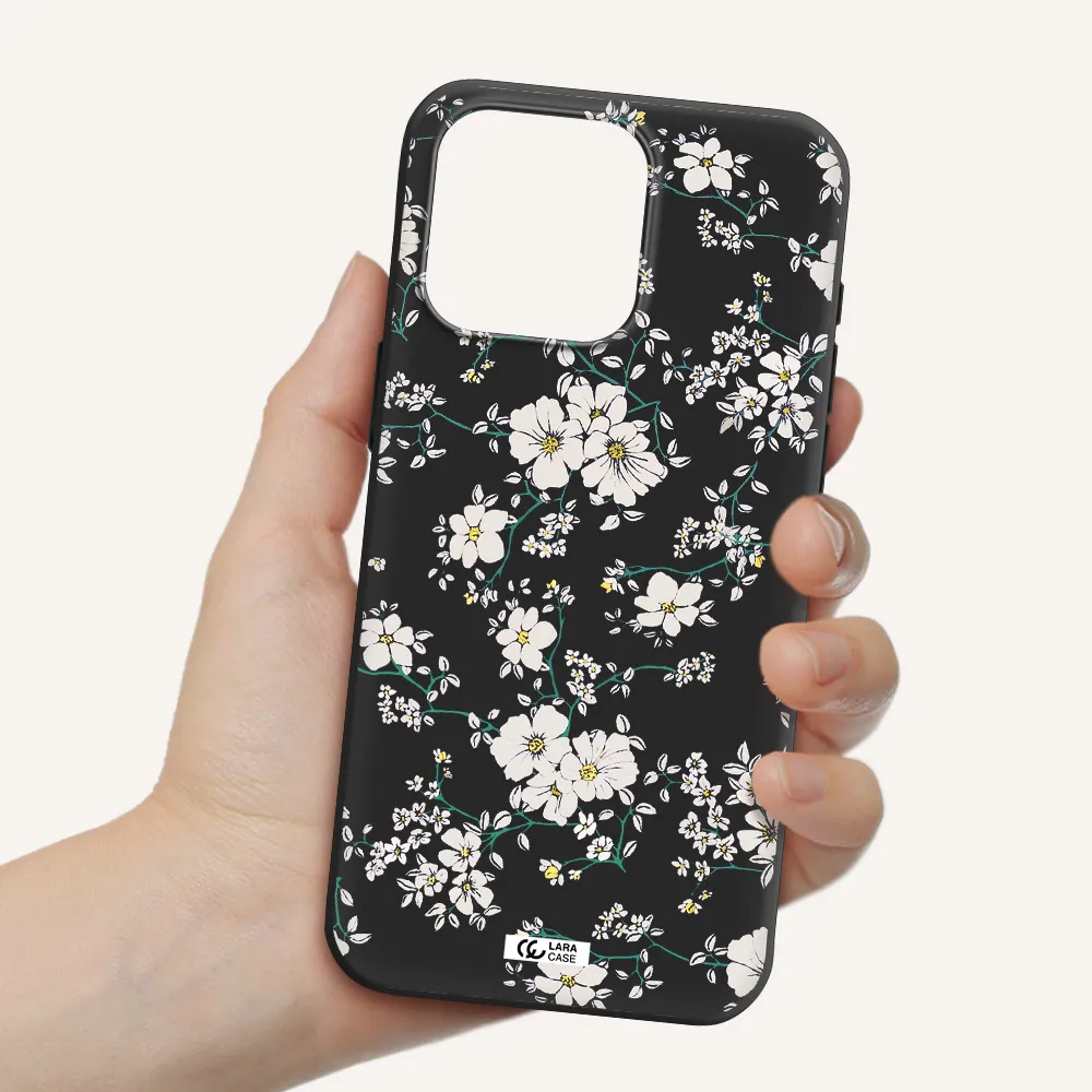 White Flower Apple Iphone 15 Pro max Silicone black Case