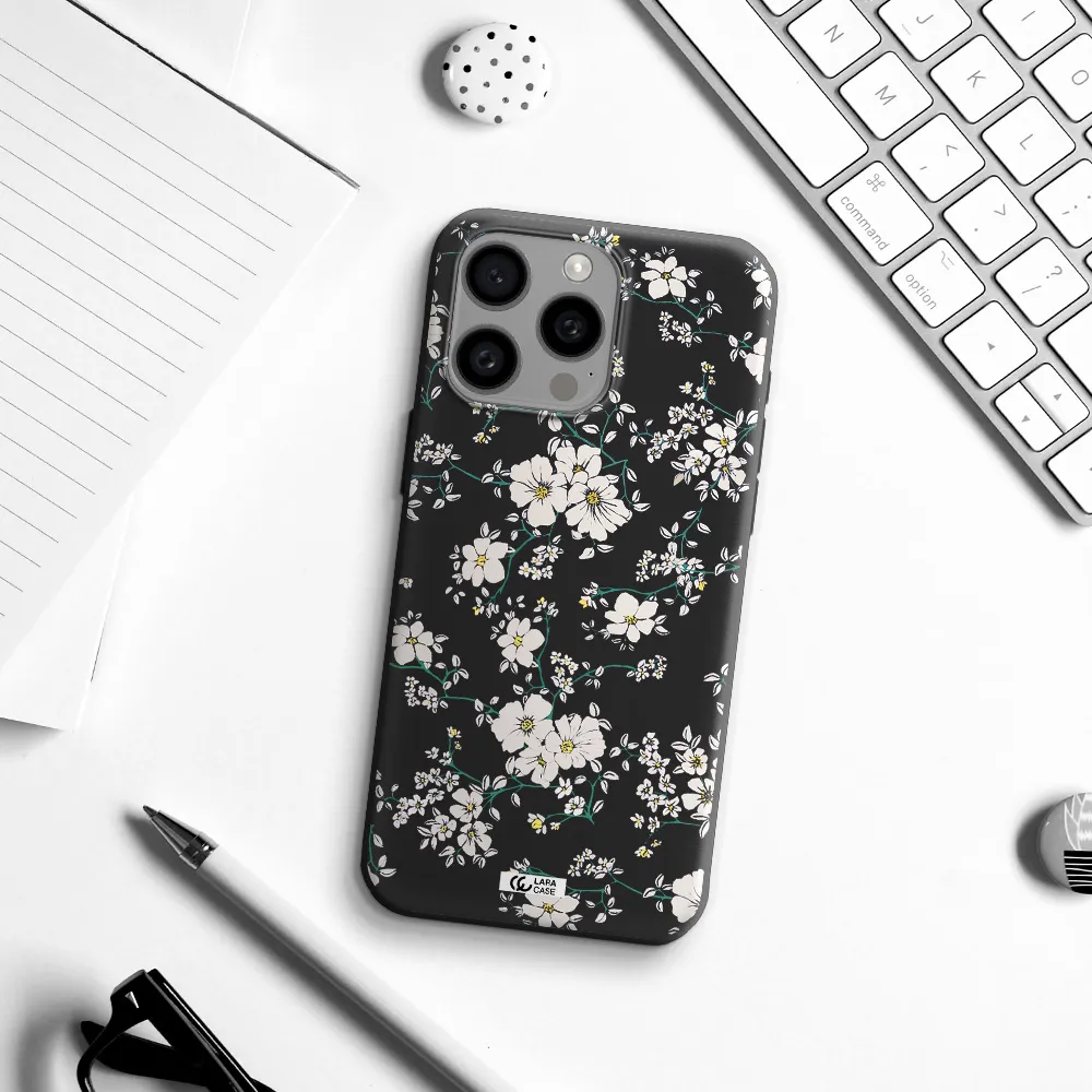 White Flower Apple Iphone 15 Pro max Silicone black Case