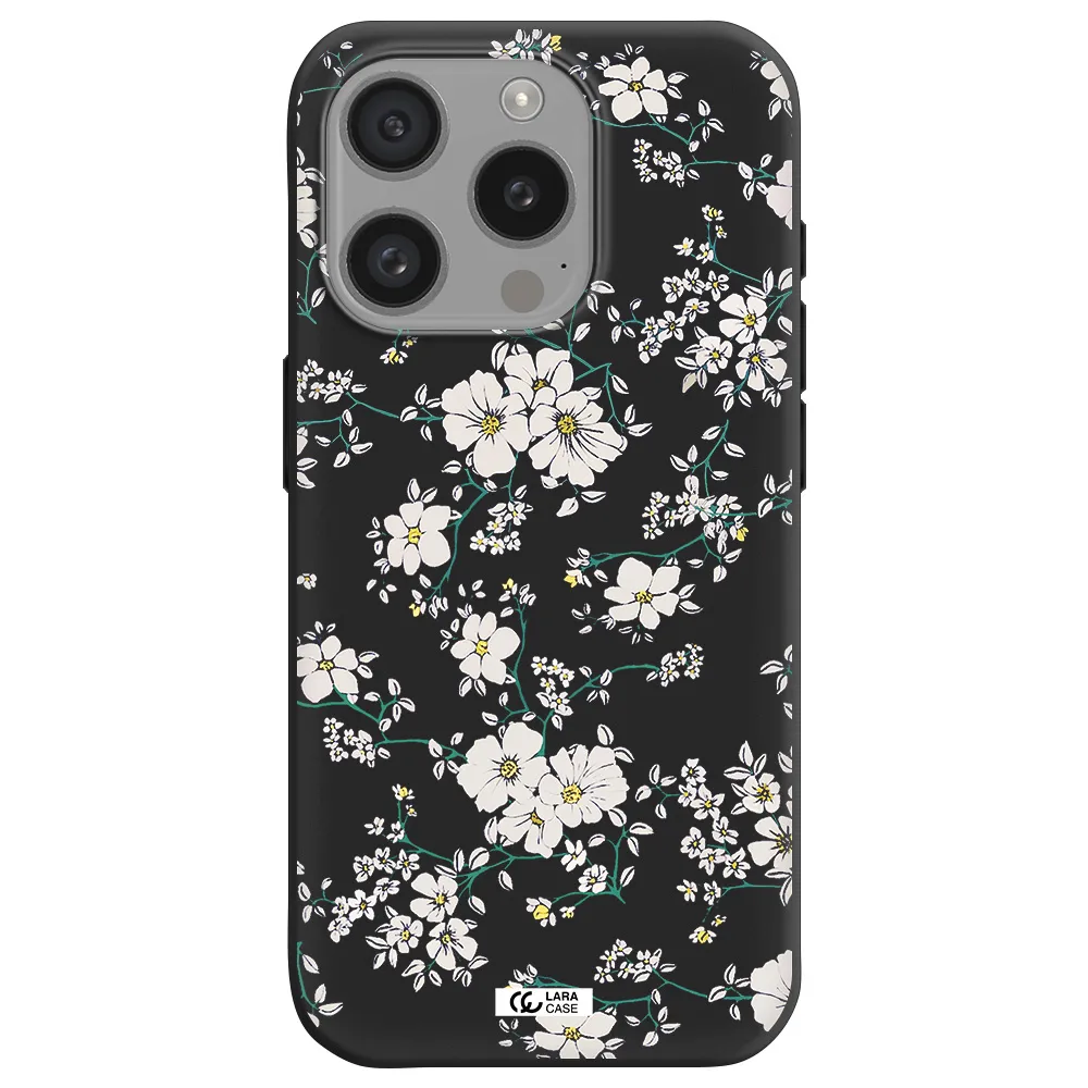 White Flower Apple Iphone 15 Pro Silicone Black Case