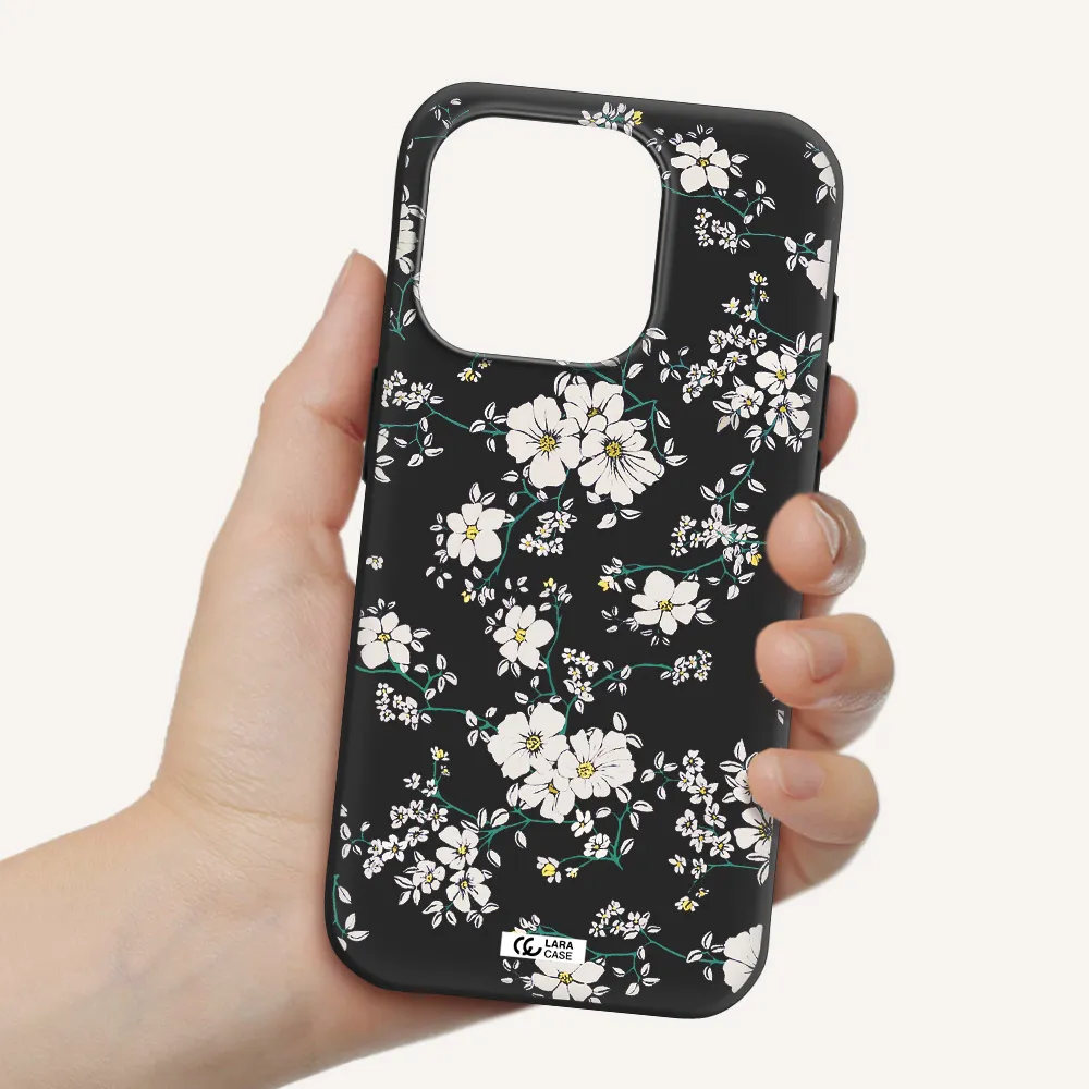 White Flower Apple Iphone 15 Pro Silicone Black Case