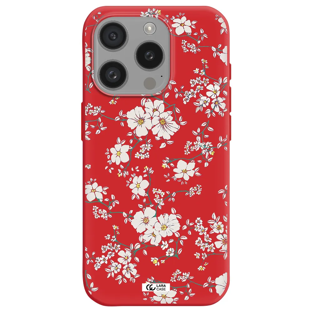 White Flower Apple Iphone 15 Pro Silicone Imperial Red Case