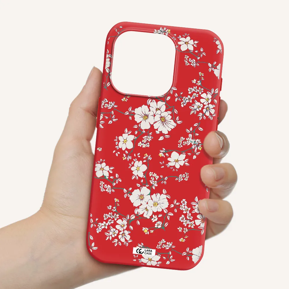 White Flower Apple Iphone 15 Pro Silicone Imperial Red Case