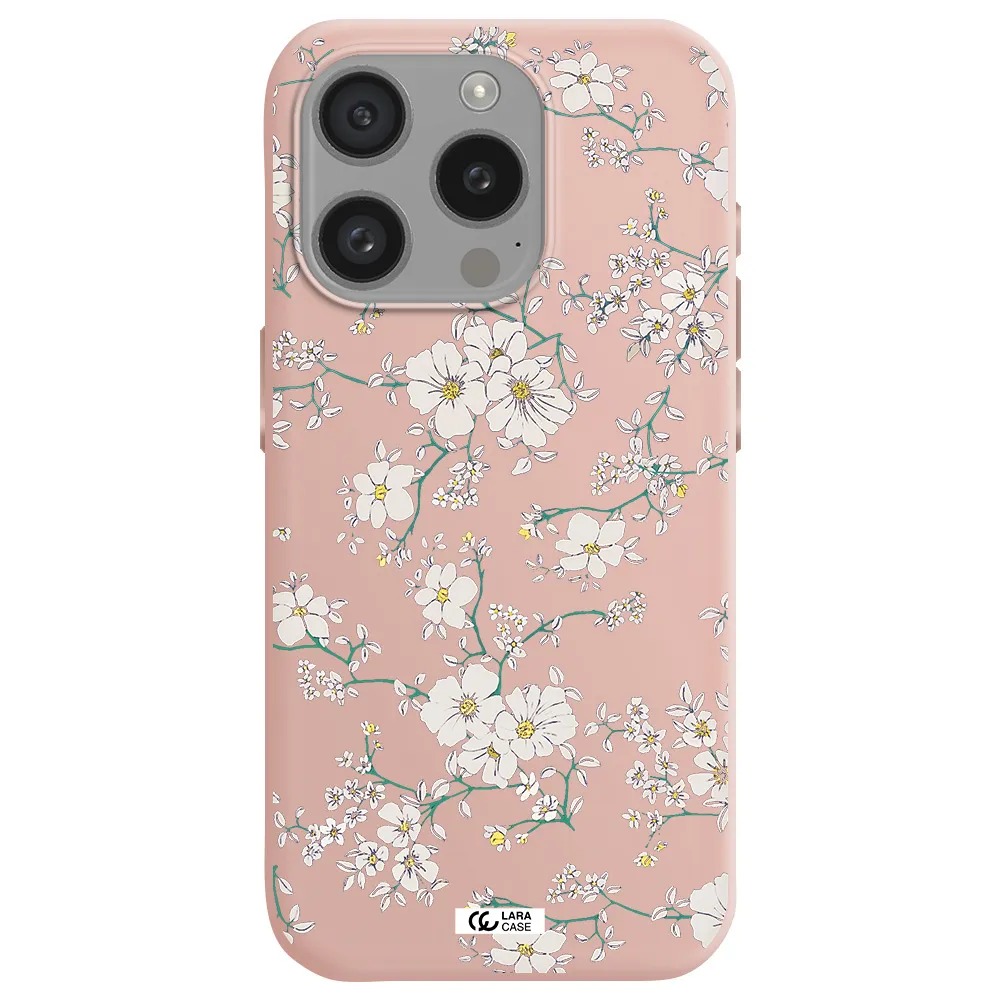 White Flower Apple Iphone 15 Pro Silicone Pastel Pink Case