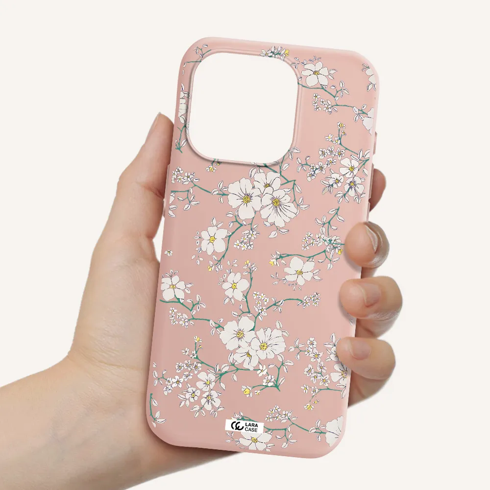 White Flower Apple Iphone 15 Pro Silicone Pastel Pink Case