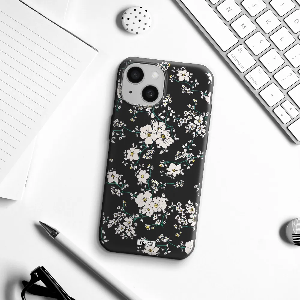 White Flower Apple iPhone 15 Silicone black Case