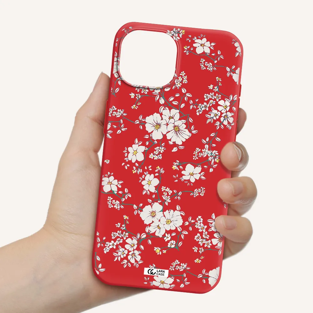 White Flower Apple Iphone 15 Silicone Imperial Red Case
