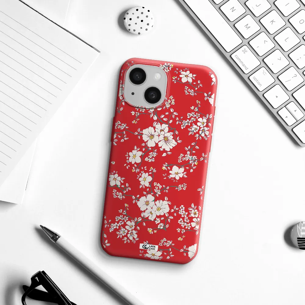 White Flower Apple Iphone 15 Silicone Imperial Red Case