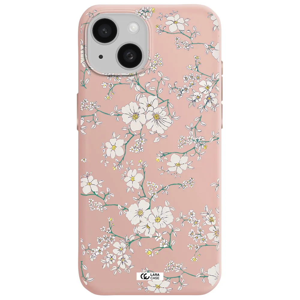 White Flower Apple Iphone 15 Silicone Pastel Pink Case
