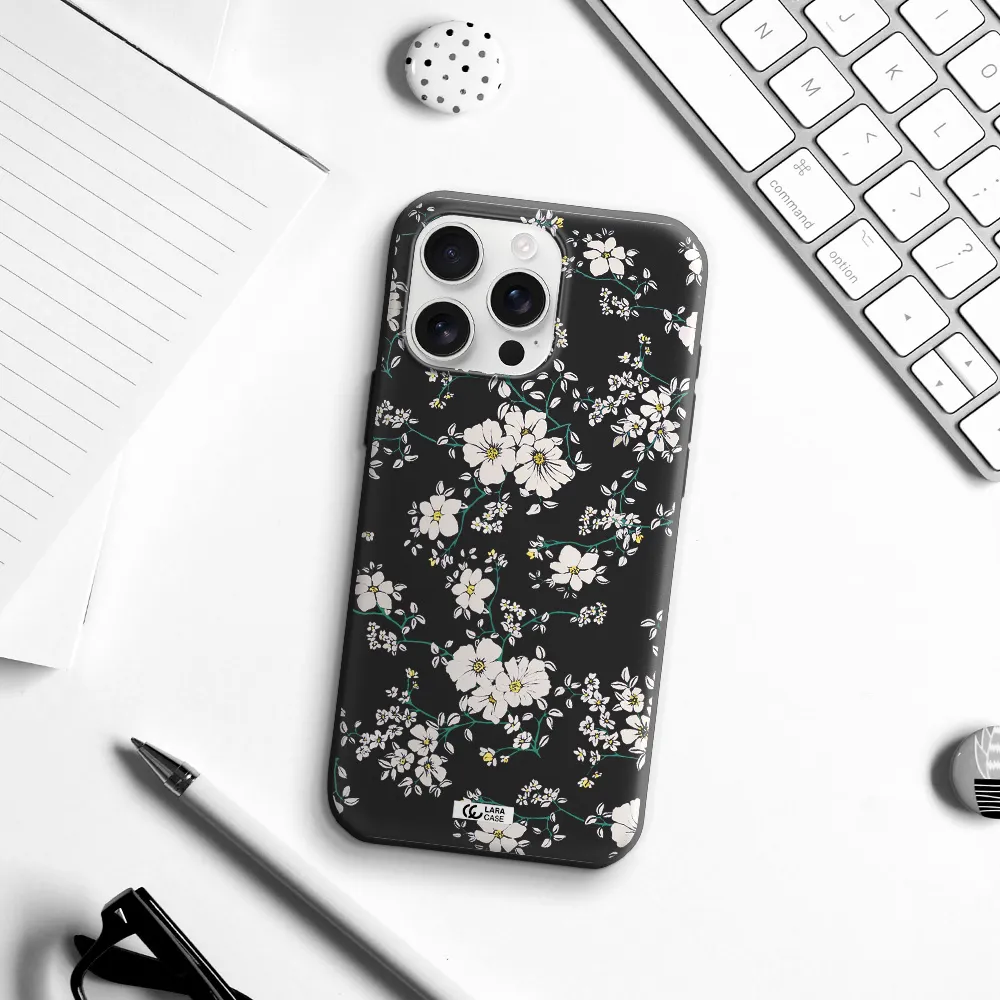 White Flower Apple Iphone 16 Pro Max Silicone Black Case