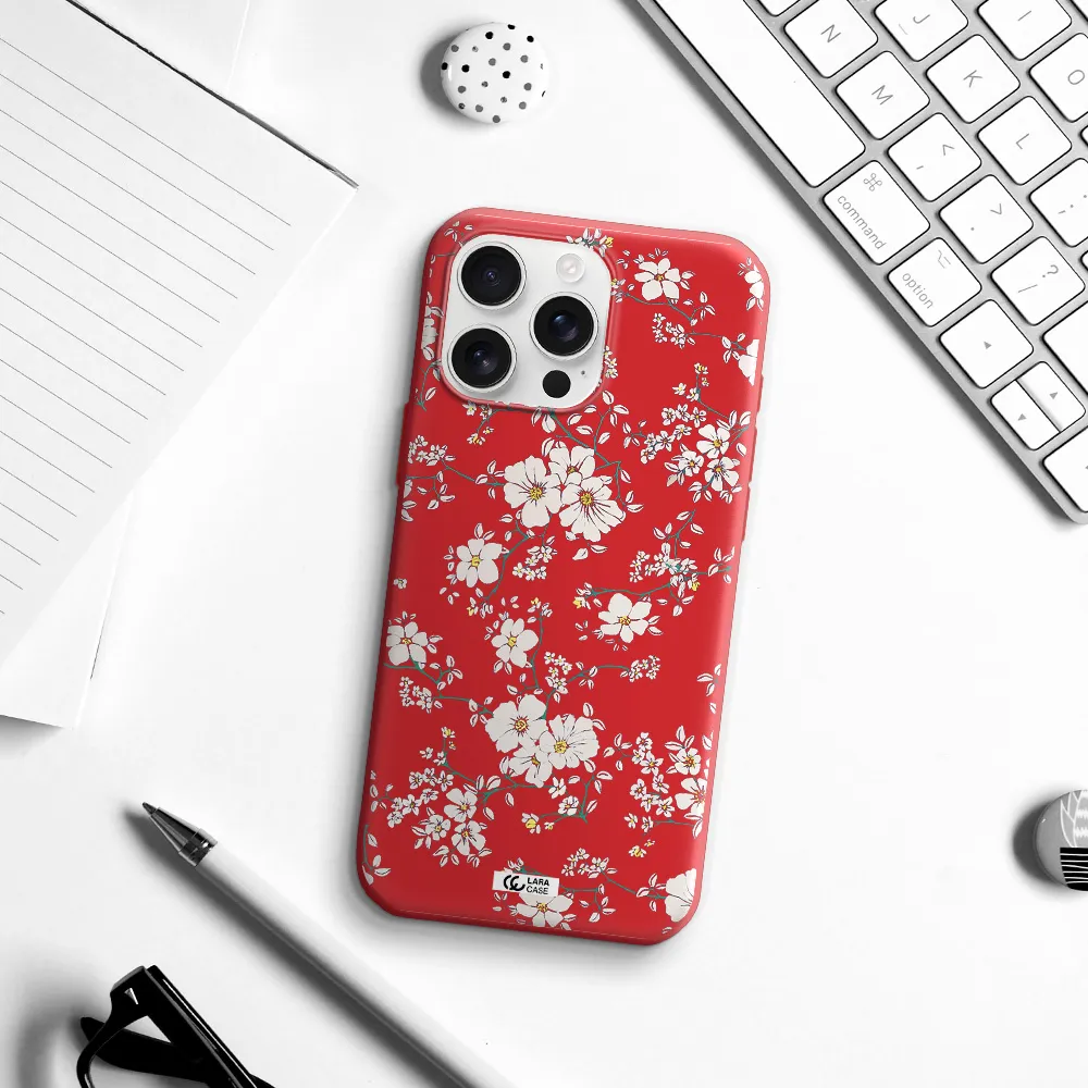 White Flower Apple Iphone 16 Pro Max Silicone Imperial Red Case