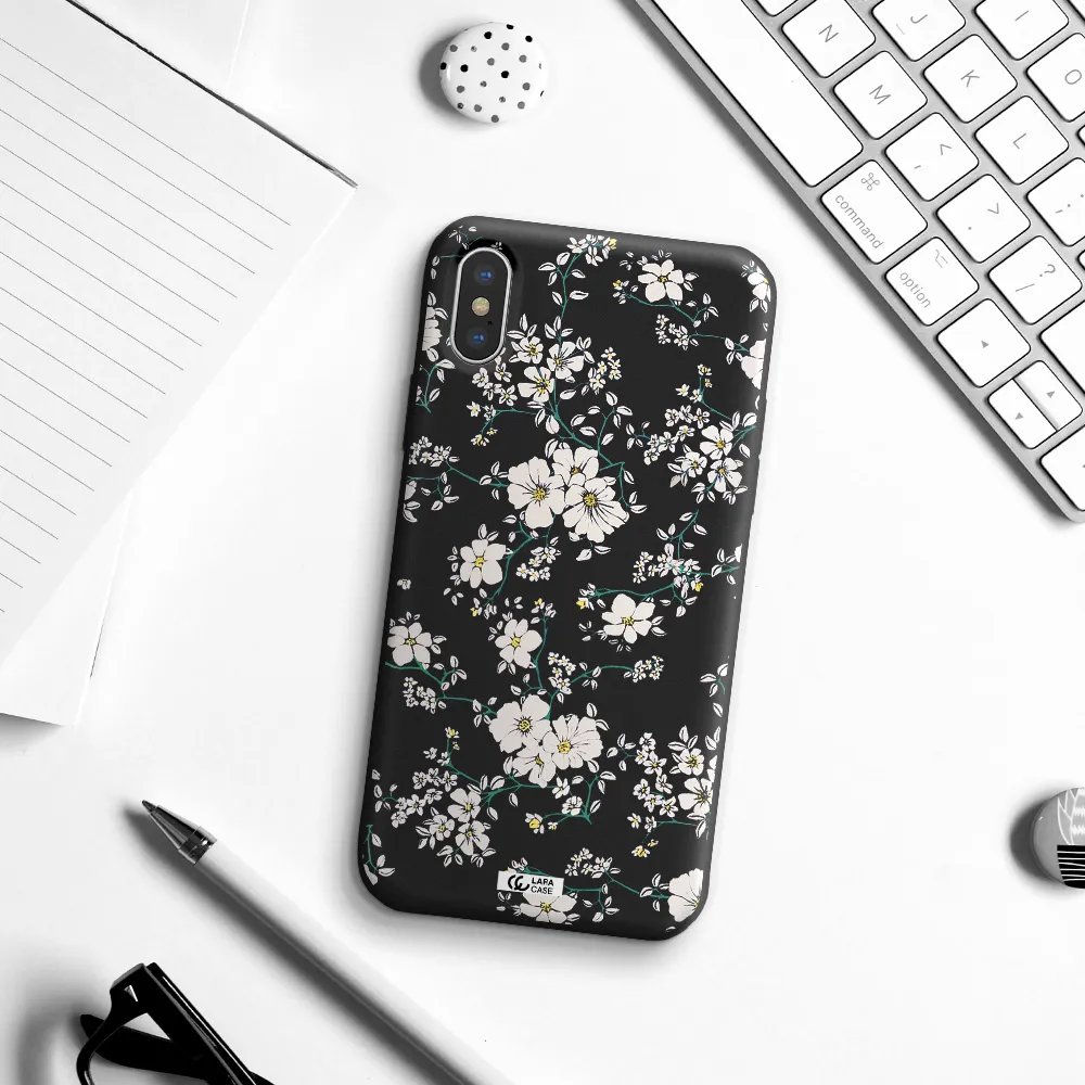 White Flower Apple iPhone XS Silicone black Case