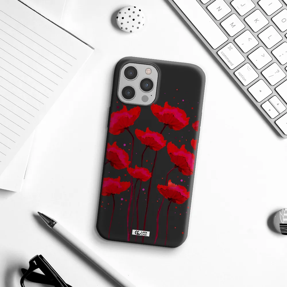 Red Fashion Flower Apple iPhone 12 pro max Silicone black Case