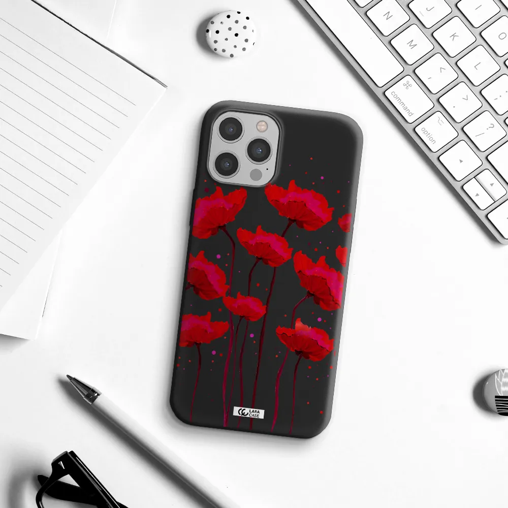 Red Fashion Flower Apple iPhone 12 pro Silicone black Case