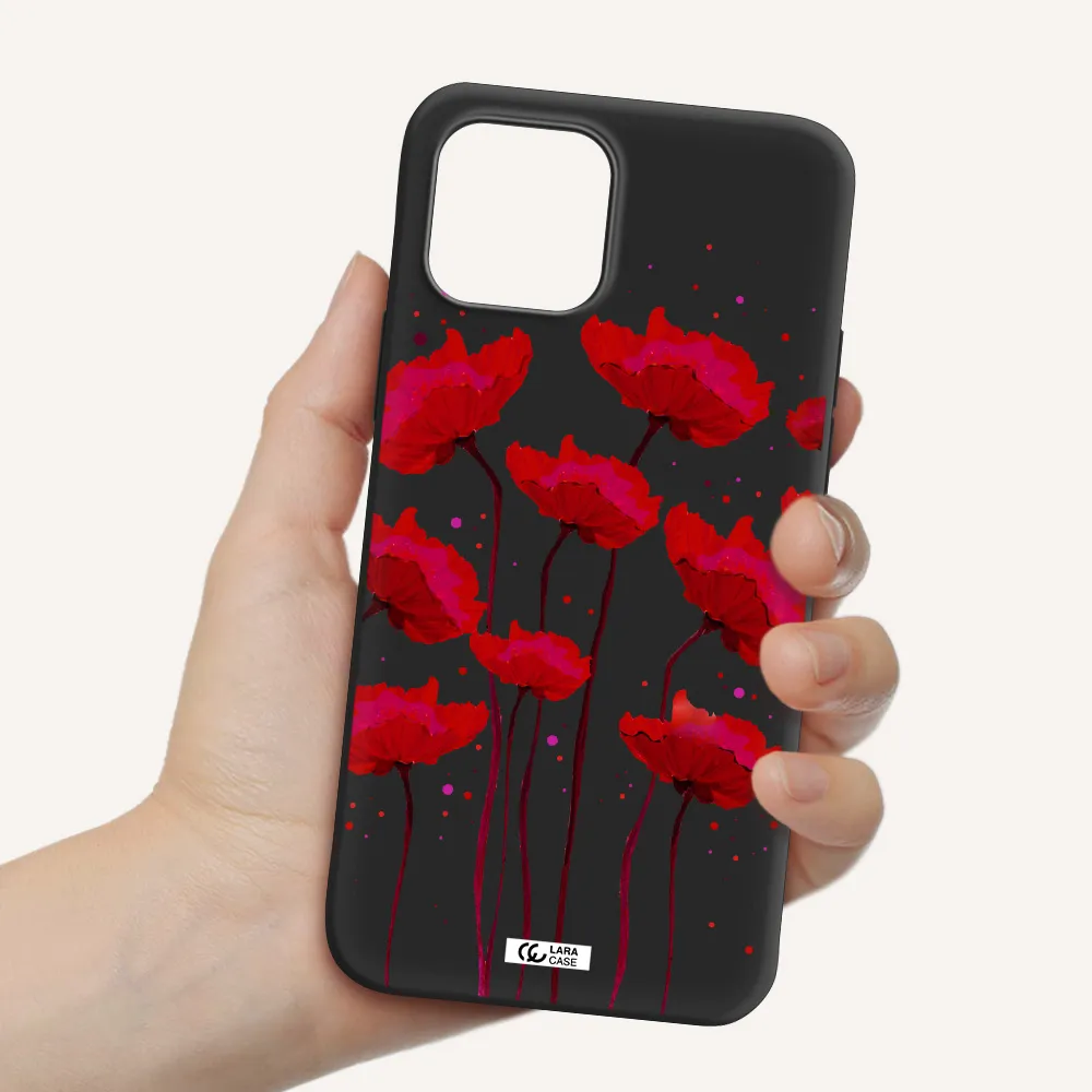 Red Fashion Flower Apple iPhone 12 Silicone black Case