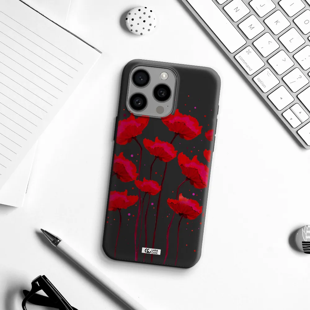 Red Fashion Flower Apple Iphone 15 Pro max Silicone black Case