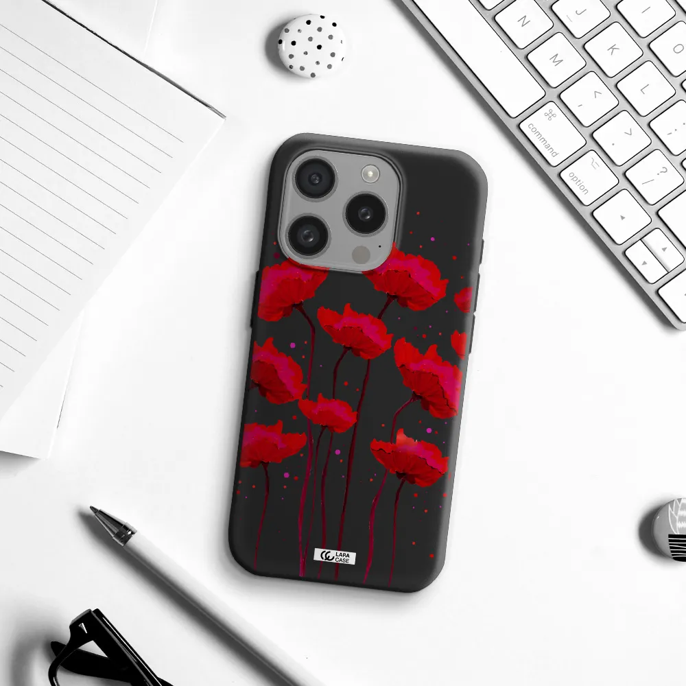 Red Fashion Flower Apple Iphone 15 Pro Silicone Black Case