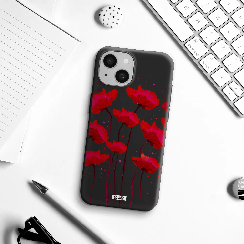 Red Fashion Flower Apple iPhone 15 Silicone black Case