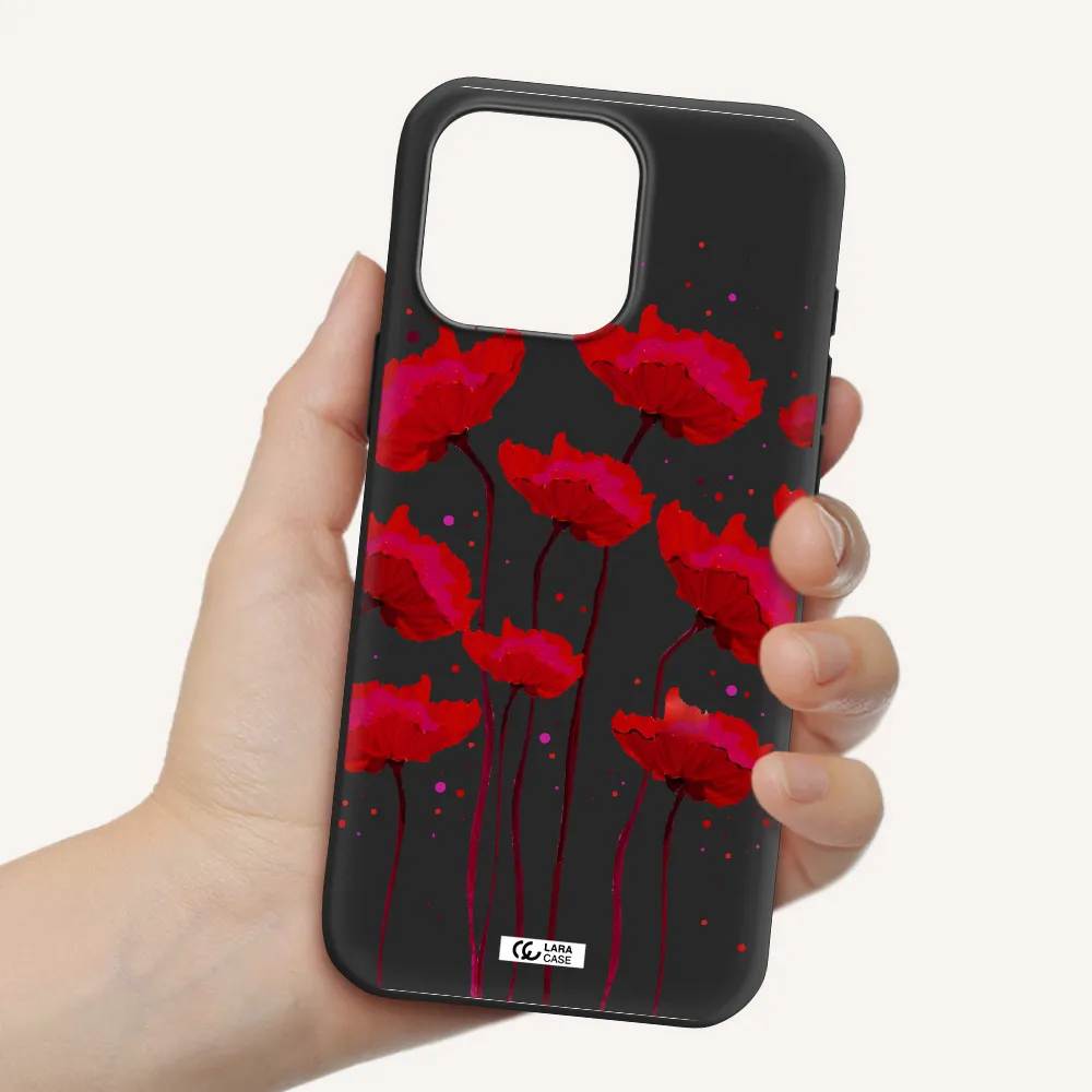 Red Fashion Flower Apple Iphone 16 Pro Max Silicone Black Case